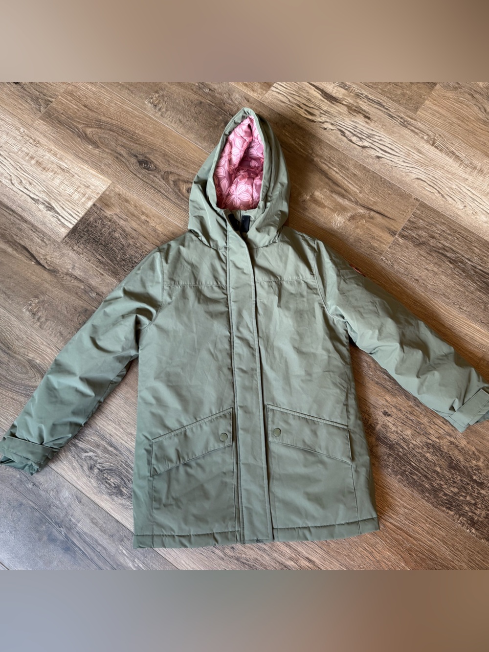 Roxy Olive Green Hooded Kids Raincoat with Pink Quilted Lining